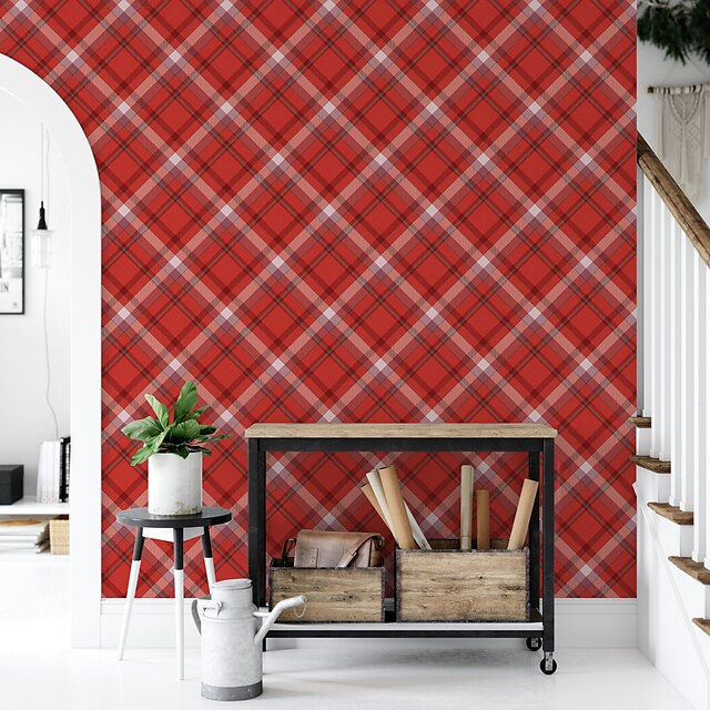  Christmas Wallpaper Red Plaid Floral Wall Cover Sticker Film Peel and Stick Removable Self Adhesive PVC/Vinyl Wall Decal for Room Home Decoration 17.7''x118''in(45cmx300cm) / 45x300cm