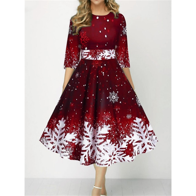  женское красное рождественское праздничное платье платье фигуриста платье с принтом платье миди длина рукава 3/4 с принтом снежинка лоскутное принт осень зима круглый вырез модная вечеринка