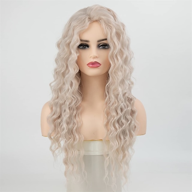 Long Curly Synthetic Wigs for Women White Pink Loose Wave Hair ...