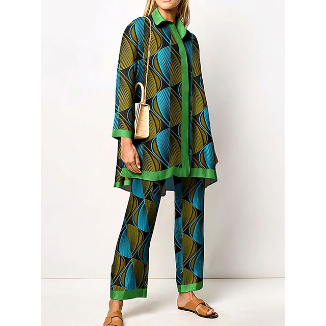 Vintage Print Shirt Pants Sets 2026.Women's 2 Pieces Elegant Vintage Fashion Shirt Blouse Pants Sets Pants ...