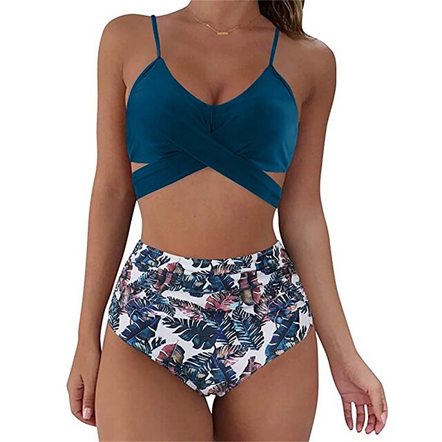  Women's Swimwear Bikini 2 Piece Normal Swimsuit Plaid Leopard Print Backless Printing High Waisted string fold over Leopard Print White Black Blue Yellow Strap Bathing Suits Vacation Sexy New