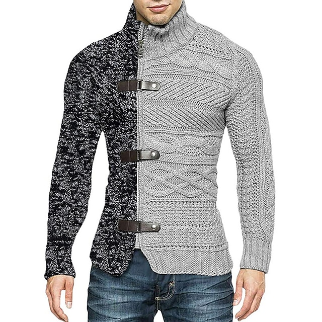 Men's Cardigan Sweater Ribbed Knit Cropped Knitted Standing Collar Warm ...