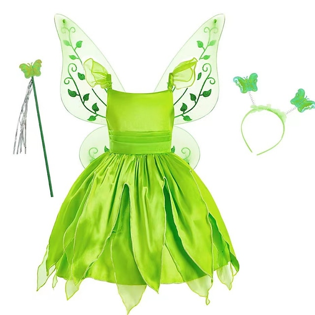  שמלת תחפושת פעמון לילדים בנות שמלת פרפר שמלת מסיבה מסיבה ירוקה אסימטרית תחפושת שרוול קצר שמלות מתוקות אביב קיץ התאמה רגילה 3-10 שנים