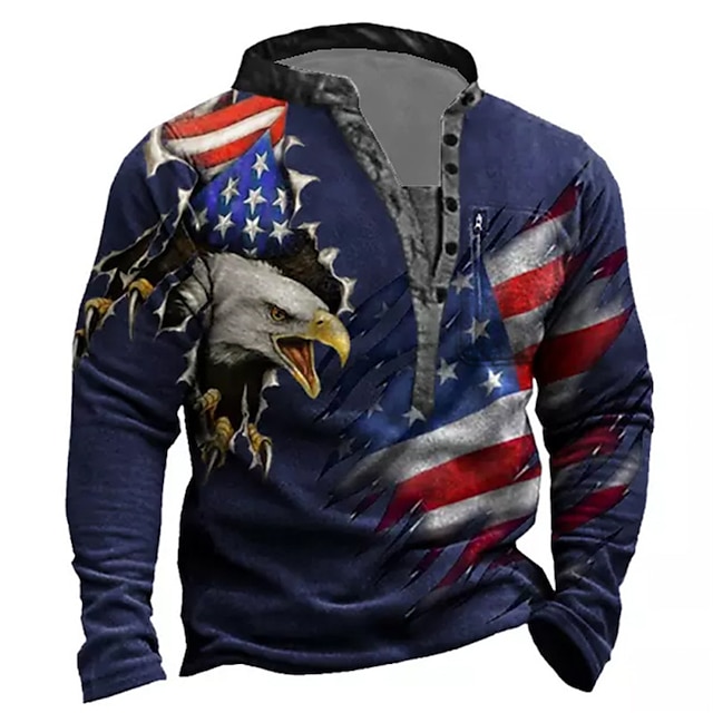  Men's Unisex Sweatshirt Pullover Button Up Hoodie Blue Standing Collar Graphic Prints Eagle National Flag Zipper Print Daily Sports Holiday 3D Print Streetwear Designer Casual Spring &  Fall Clothing