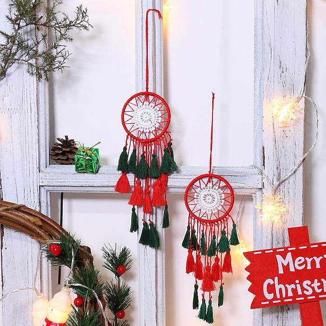  Christmas Dream Catcher Feather Hook Flower Christmas green  Christmas Red Wind Chime Gift Ornament Pendant Wall Hanging Home Garden Decor H:19cm/7.48inch