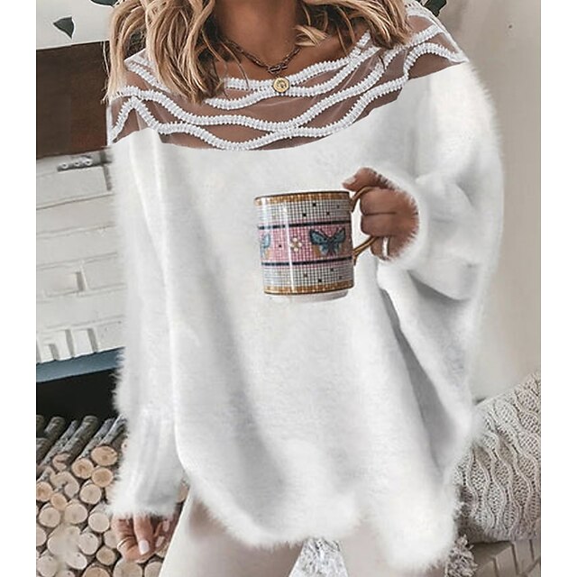  Women's Pullover Sweater Jumper Jumper Crochet Fuzzy Knit Lace Trims Cropped Crew Neck Solid Color Daily Going out Stylish Winter Fall White S M L