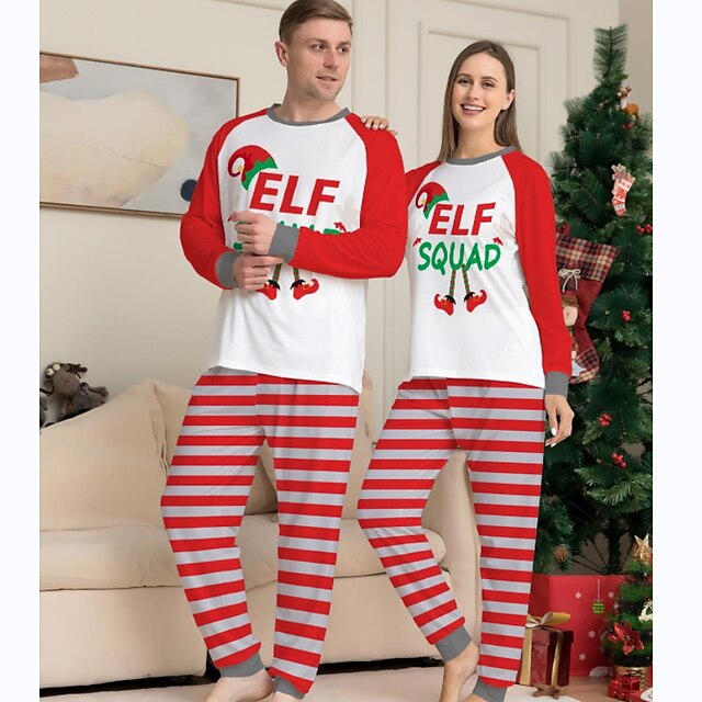 Family Christmas Pajamas Ugly Cotton Letter Striped Home Red Long ...