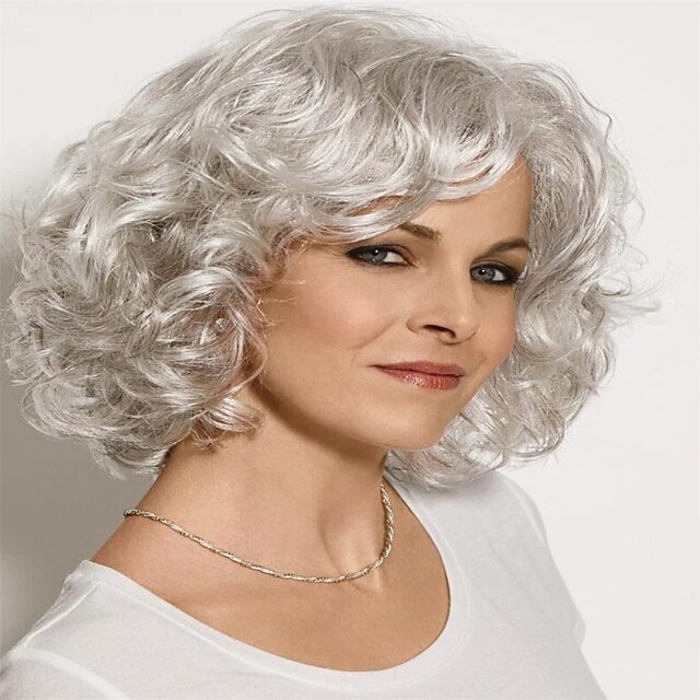 Gray Curly Short Wigs for White Women Silver White Mixed Brown Wavy Bob Wig with Bangs Synthetic