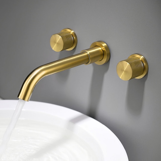  Grifo para lavabo de baño, manijas dobles montadas en la pared de latón, diseño de lujo cepillado con níquel, acabado en oro cepillado, grifo de baño generalizado con interruptor de frío y calor