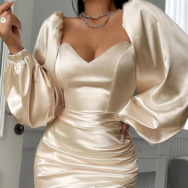  Women's Satin Dress Holiday Dress Bodycon Mini Dress Apricot Pure Color Long Sleeve Winter Fall Autumn Ruched Party V Neck Slim Party Winter Dress Evening Party 2023 S M L XL