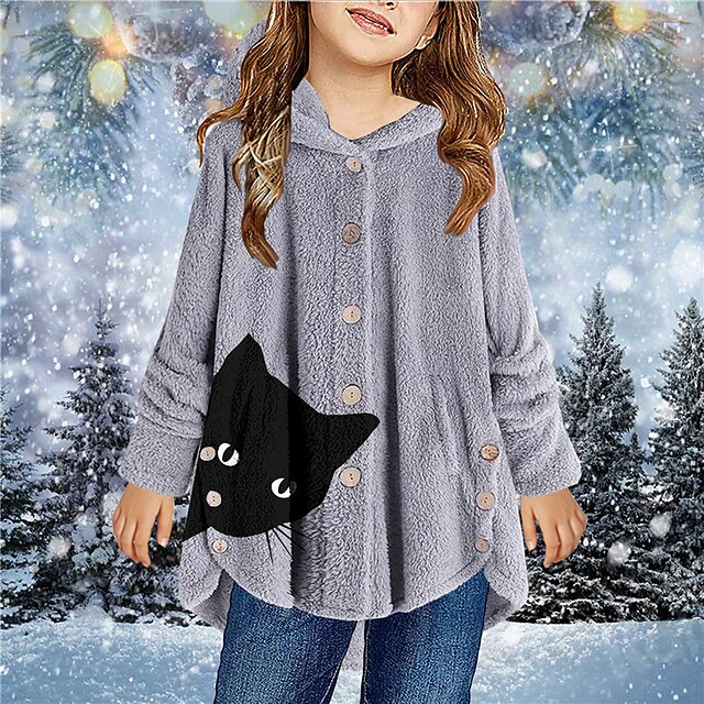 Kids Girls' Cat Fleece Jacket Long Sleeve Gray Black Animal Cat Button Winter Fall Cute Casual 2