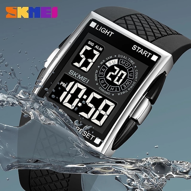  skmei fashion digital watch herre led lys elektronisk urverk mannlig klokke sport 3bar vanntett nedtellingsarmbåndsur