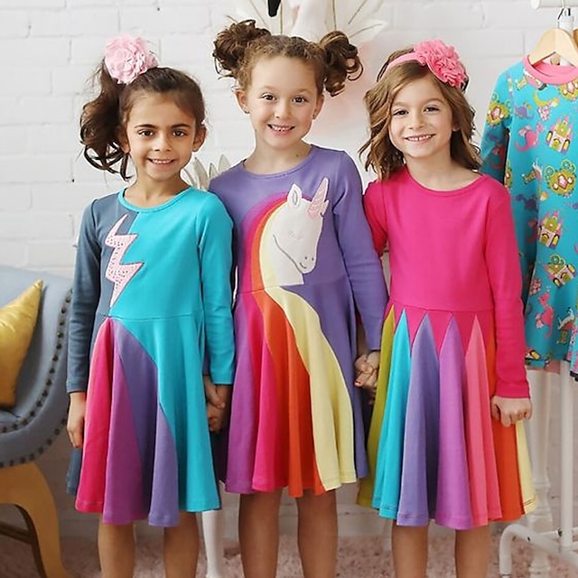  Vestido infantil para meninas color block arco-íris manga longa casual bonito algodão na altura do joelho verão 3-6 anos cinza