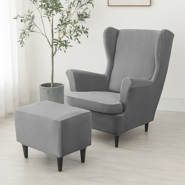  Wing Chair Cover Set Stretch Wingback Chair Slipcover and Ottoman Cover, Velvet Wing Back Chair Cover Machine Washable Armchair Chair Cover for Strandmon Chair