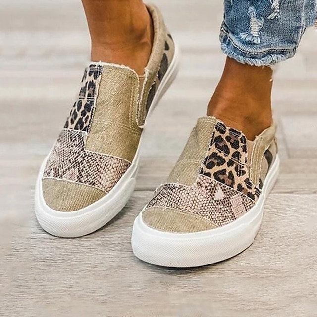  Women's Canvas Shoes Animal Print Plus Size Slip-on Sneakers Outdoor Office Work Color Block Jeans Summer Flat Heel Round Toe Sporty Casual Walking Canvas Loafer Black khaki Gray