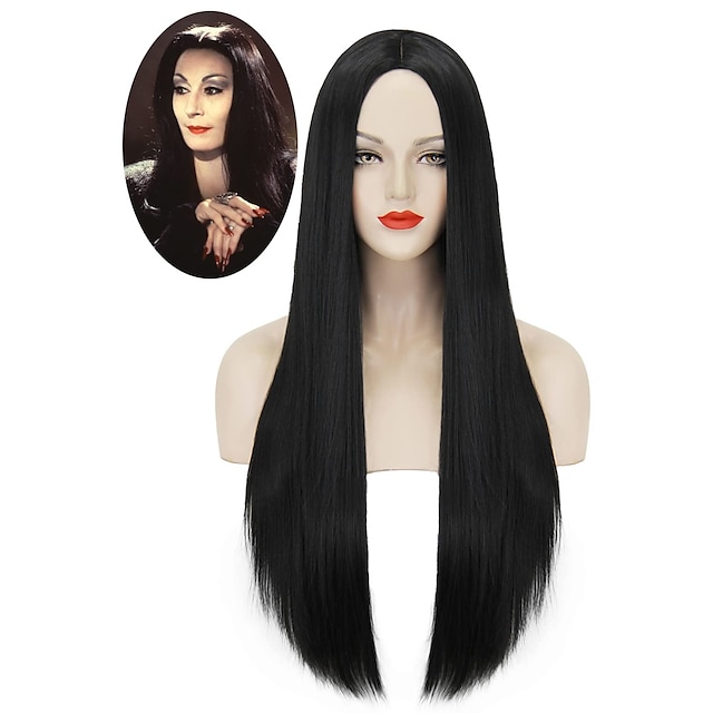  La familia Addams peluca sintética peluca parte media peluca larga natural negro #1b pelo sintético ajustable resistente al calor sintético