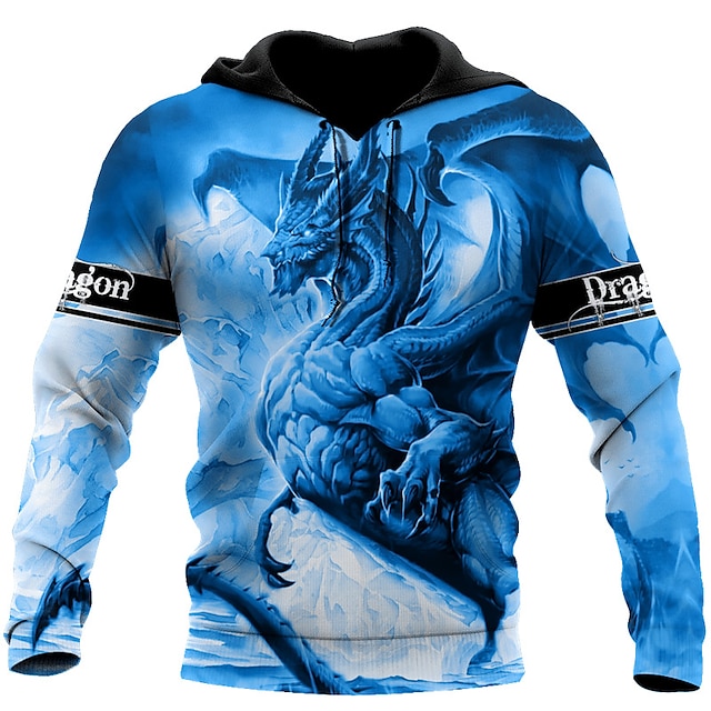  Men's Pullover Hoodie Sweatshirt Blue Hooded Dragon Graphic Prints Print Daily Sports 3D Print Streetwear Designer Basic Spring &  Fall Clothing Apparel Hoodies Sweatshirts  Long Sleeve
