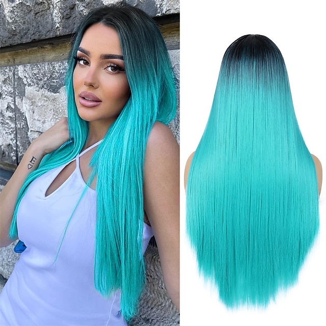  Straight Bluish Green Wig for Women Ombre Teal Blue Wigs Long Straight Turquoise Wig Hair Middle Part Heat Resistant Synthetic Blue Mermaid Wigs Cosplay Party Costume Wig Halloween Wig