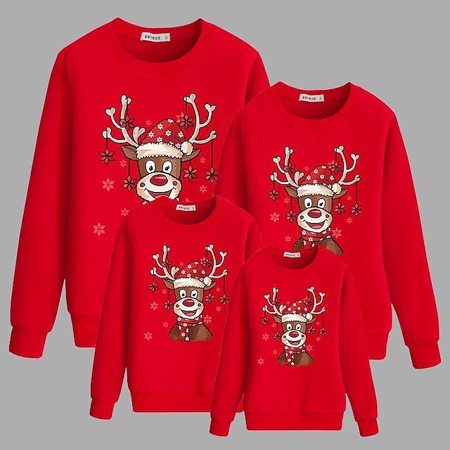  Family Tops Sweatshirt Cotton Ugly Deer Daily Black Red Long Sleeve Daily Matching Outfits
