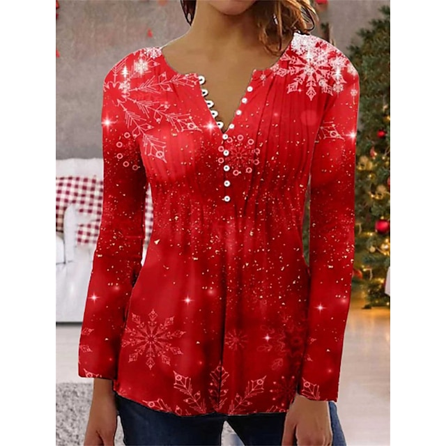  Women's Shirt Red Snowflake Button Print Long Sleeve Christmas Casual Basic Christmas Shirt Collar Regular S