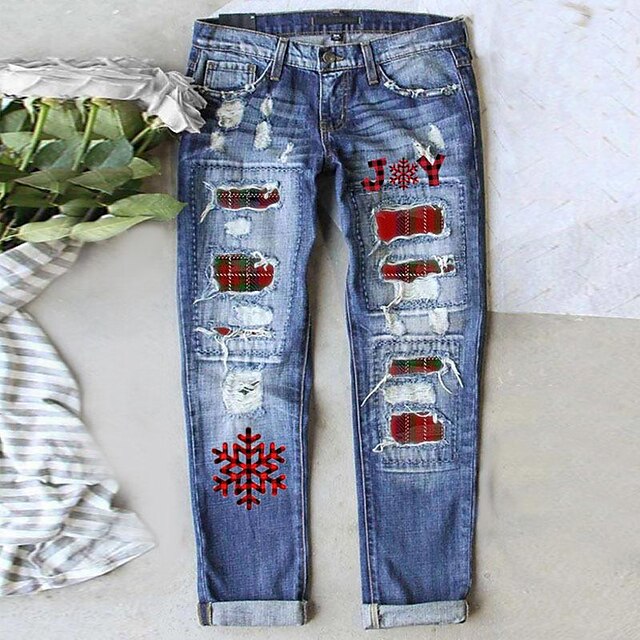  Women's Jeans Distressed Jeans Denim Blue Fashion Christmas Christmas Street Casual Side Pockets Baggy Micro-elastic Full Length Comfort Plaid S M L XL XXL / Cut Out / Ripped / Print