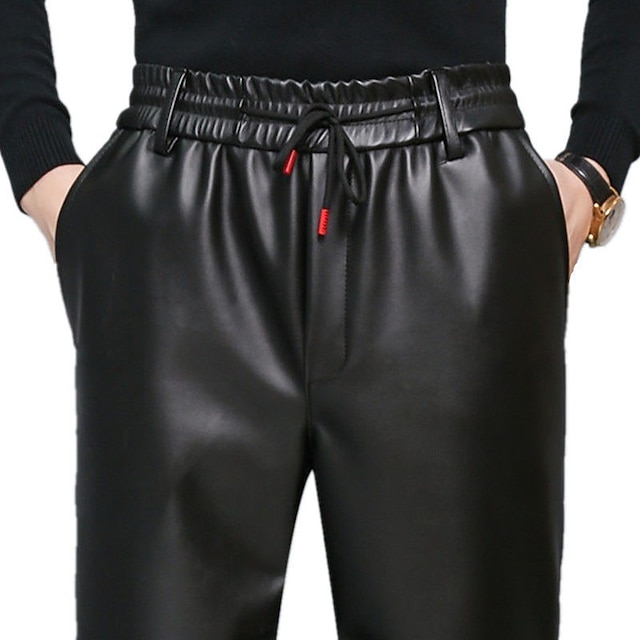  Ανδρικά Παντελόνι από συνθετικό δέρμα Casual παντελόνι Τσέπη Κορδόνι Ελαστική μέση Συμπαγές Χρώμα Άνεση Moale Πλήρες μήκος Καθημερινά Εξόδου Streetwear PU Στυλάτο Κλασσικό Μαύρο Μικροελαστικό
