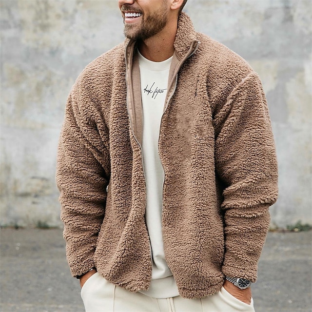  Men's Fuzzy Sherpa Full Zip Hoodie Jacket Sweat Jacket Brown Standing Collar Solid Color Sports & Outdoor Daily Sports Fleece Basic Casual Big and Tall Fall Spring Clothing Apparel Hoodies