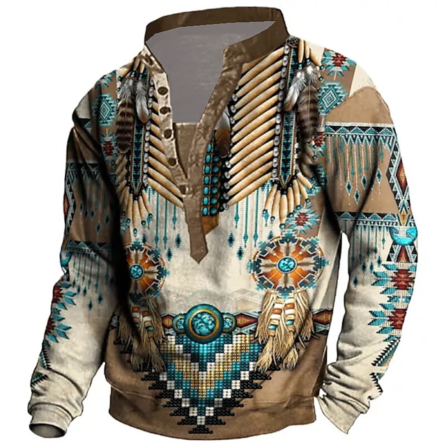  Men's Sweatshirt Pullover Button Up Hoodie Khaki Standing Collar Tribal Graphic Prints Print Casual Daily Sports 3D Print Streetwear Designer Casual Spring &  Fall Clothing Apparel Hoodies