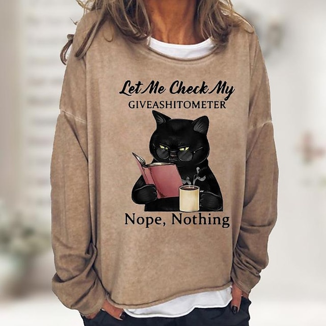  Women's Shirt Black Pink Wine Cat Print Long Sleeve Casual Sports Basic Round Neck Regular 3D Cat S