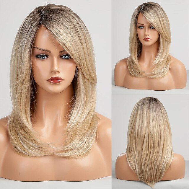 Rihanna Inspired Wigs Blonde Wigs for Women Shoulder Length Blonde Wig Highlights White Natural Layered Synthetic Wig for Daily Use Christmas Party Wigs2