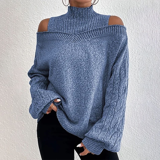  Women's Pullover Sweater Jumper Ribbed Knit Open Back Knitted Turtleneck Pure Color Outdoor Daily Stylish Casual Winter Fall Green Black S M L