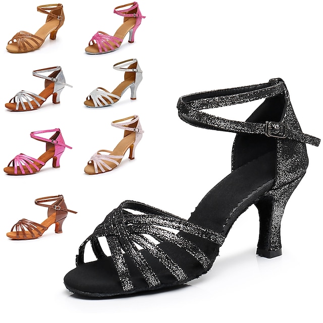  Pentru femei Încălțăminte latină Pantofi De Dans Interior Antrenament ChaCha De Bază Petrecere / Seară Profesional Toc Înalt Vârf rotund Buclă Adulți Negru și Auriu Negru și Argintiu Roz