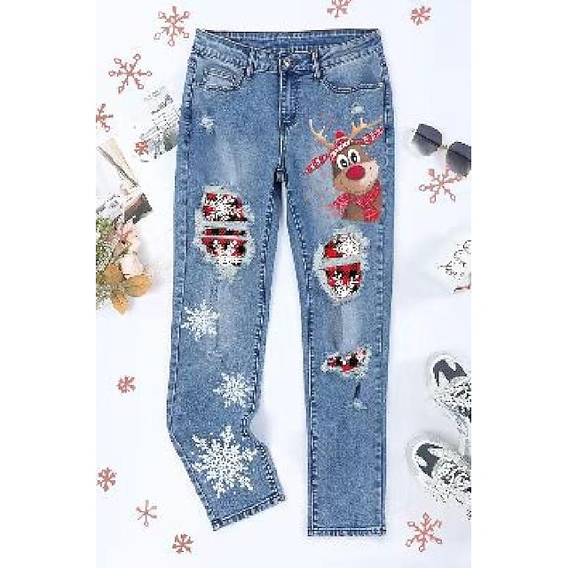  Women's Christmas Jeans Distressed Jeans Denim Blue Fashion Christmas Street Casual Side Pockets Baggy Micro-elastic Full Length Comfort Snowflake S M L XL XXL / Ripped / Print