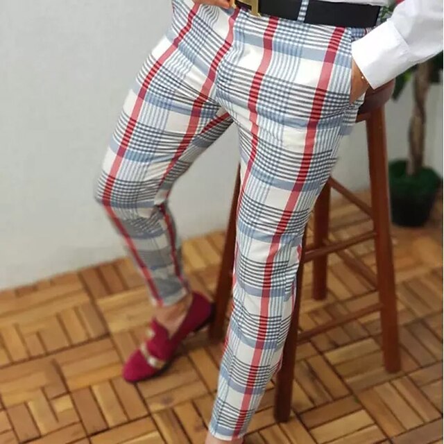  Men's Joggers Trousers Chinos Chino Pants Plaid Dress Pants Pocket Plaid Comfort Breathable Daily Holiday Going out Cotton Blend Streetwear Stylish White & Blue Blue