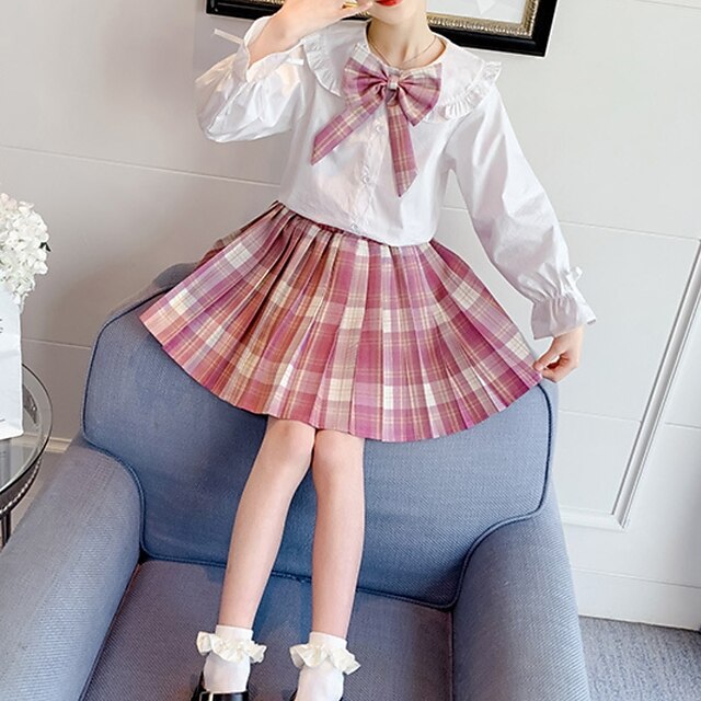  Kids Girls' Plaid Dress Suits Set Long Sleeve Cute School Cotton 7-13 Years Spring Blue Pink / Summer