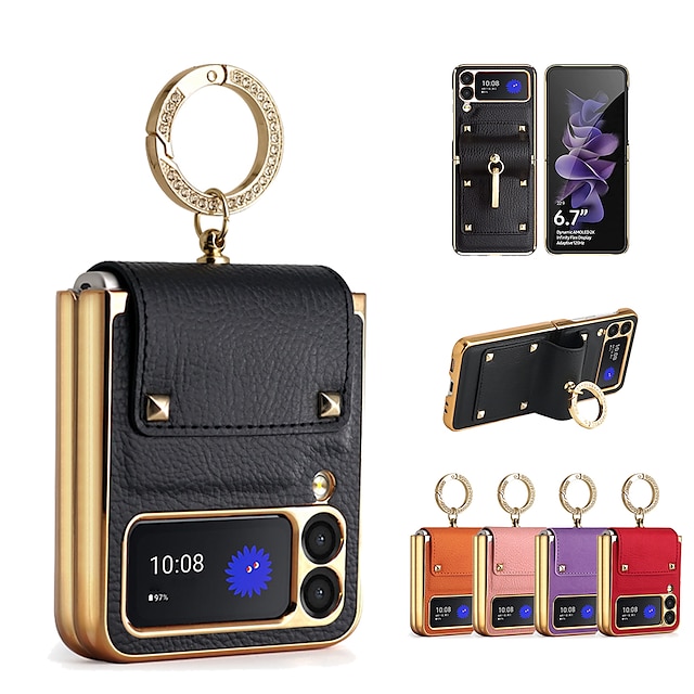  Phone Case For Samsung Galaxy Z Flip 5 Z Flip 4 Z Flip 3 Back Cover Fashion Ring Holder Shockproof Solid Colored PU Leather