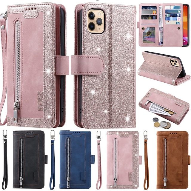  Phone Case For Samsung Galaxy S24 S23 S22 S21 S20 Plus Ultra A54 A34 A14 A73 A53 A33 A72 S10 A71 A52 A51 Full Body Case Wallet Case with Stand Holder Bling Zipper Retro Glitter Shine PU Leather