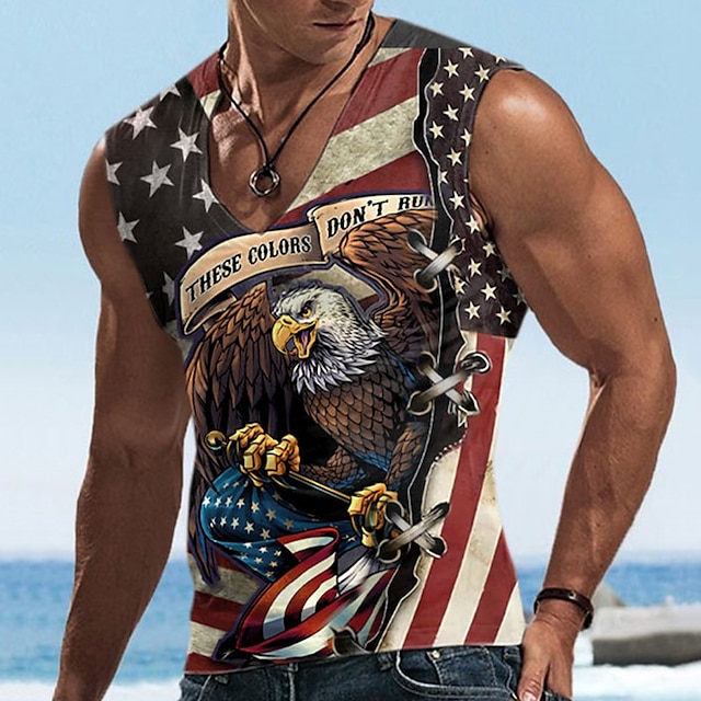  男性用 アンダーシャツ 男性用ノースリーブTシャツ グラフィック イーグル 国旗 Ｖネック ルビーレッド 3Dプリント ストリート 日常 ノースリーブ プリント 衣類 ベーシック クラシック カジュアル 大きくて背が高い