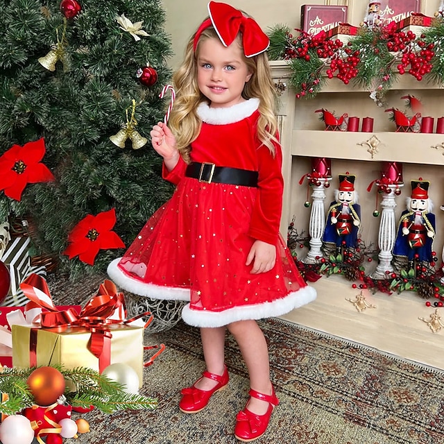  Girls' 3D Sequin Solid Colored Dress Long Sleeve Fall Winter Vacation Beautiful Sweet Kids 2-6 Years A Line Dress Knee-length Cotton Regular Fit