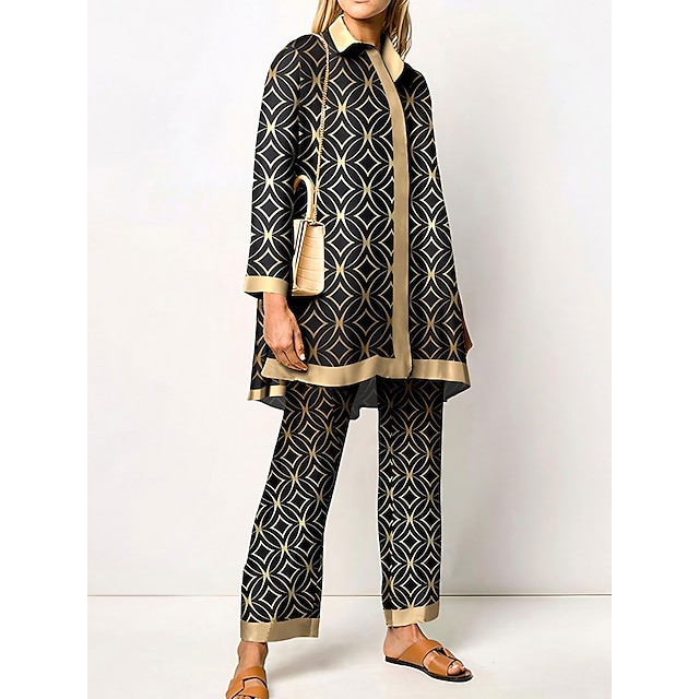 Damen Hemd Bluse Hosen-Sets Graphic Casual Bedruckt Dunkelmarine Langarm Elegant Vintage Modisch Hemdkragen Herbst Winter