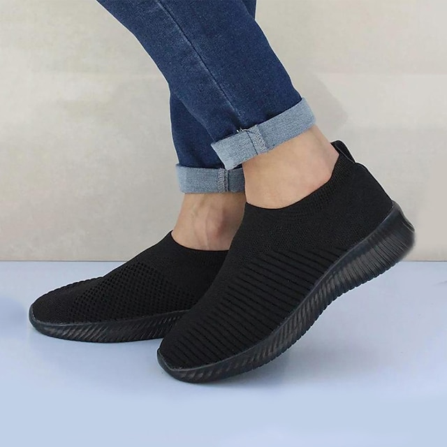  Women's Sneakers Slip-Ons Plus Size Flyknit Shoes Slip-on Sneakers Outdoor Office Work Solid Color Flat Heel Round Toe Sporty Casual Minimalism Walking Tissage Volant Loafer Light Blue Black White