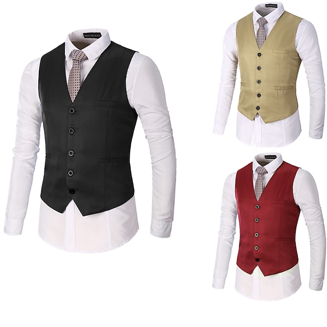  Men's Vest Waistcoat Wedding Office & Career Daily Wear Going out Business Traditional / Classic Spring Fall Button Pocket Polyester 95% Cotton Outdoor Comfortable Wedding Pure Color Single Breasted