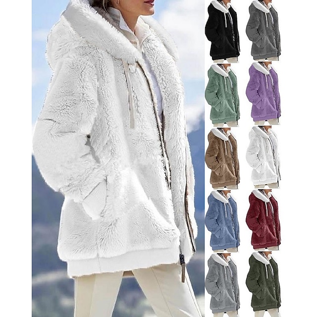  Women's Zip Sweatshirt Hoodie Jacket Yoga Top Zipper Pocket Sherpa Fleece Teddy Violet Black White Color Block Dailywear Loose Fit Long Sleeve Cowl Neck Fleece