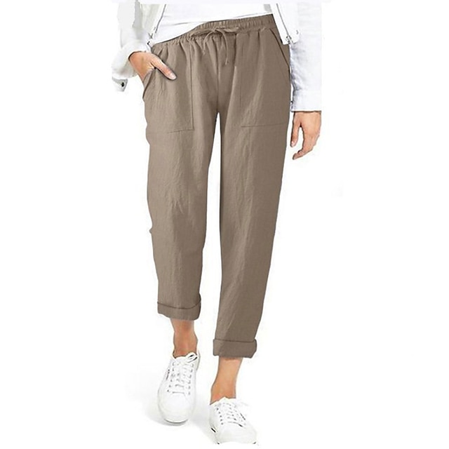  Femme Pantalon short capri Bouffant Imitation Lin Couleur Pleine Bouffant Cheville Taille médiale basique Décontractées du quotidien Noir Vin S M Eté Printemps & Automne