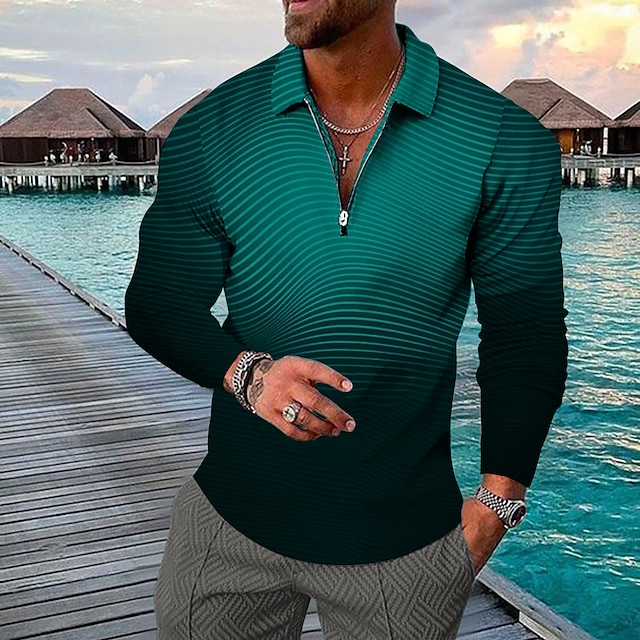  Men's Polo Shirt Golf Shirt Striped Turndown Black Yellow Blue Purple Green 3D Print Outdoor Street Long Sleeve Zipper Print Clothing Apparel Fashion Designer Casual Breathable
