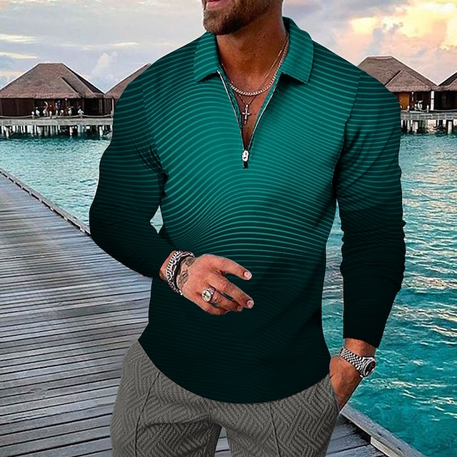 Men's Striped Hawaiian Polo Shirts Golf Shirt Long Sleeve Polo Shirts Collared Shirts Casual Beach Wear Vacation Wear Party Outfits 3D Print Quarter Zip Polo Black Yellow Blue 7
