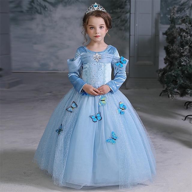  kinderkleidung Mädchen Party Kleid Schmetterling Langarm Leistung Besondere Anlässe Rundhalsausschnitt Prinzessin Süß Gitter Maxi A Linie Kleid Frühling Herbst 4-12 Jahre Blau