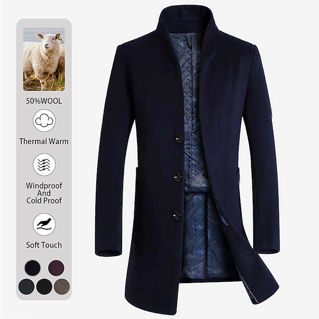 Men's Winter Coat Wool Coat Overcoat Business Casual Fall Wool Outerwear Clothing Apparel Basic Solid Colored Stand Collar Single Breasted One-button 8