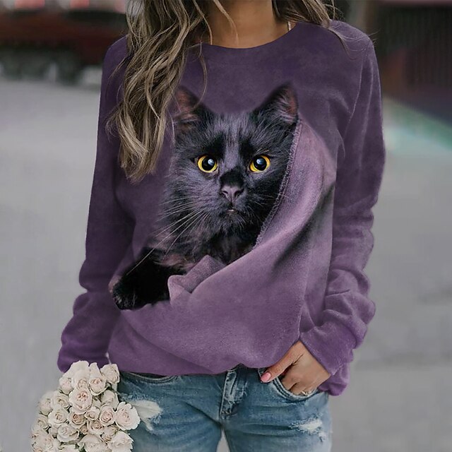  Women's Sweatshirt Pullover Streetwear Purple Cat Street Long Sleeve Round Neck