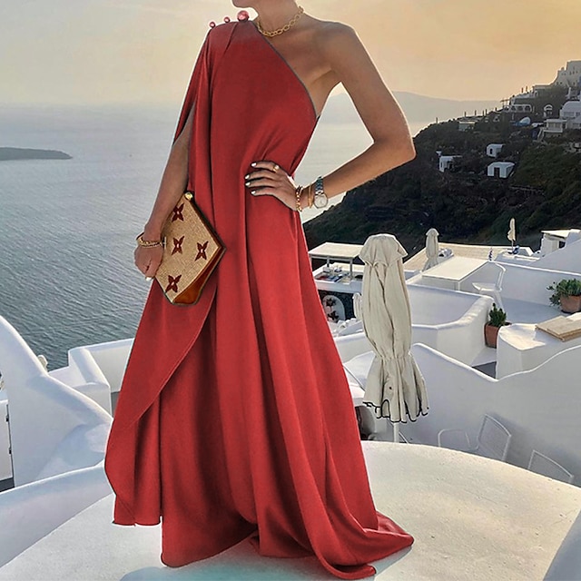  Women's Party Dress Holiday Dress Swing Dress Long Dress Maxi Dress Black Pink Red Sleeveless Pure Color Cold Shoulder Summer Spring Fall One Shoulder Party Party Birthday Evening Party 2023 S M L XL